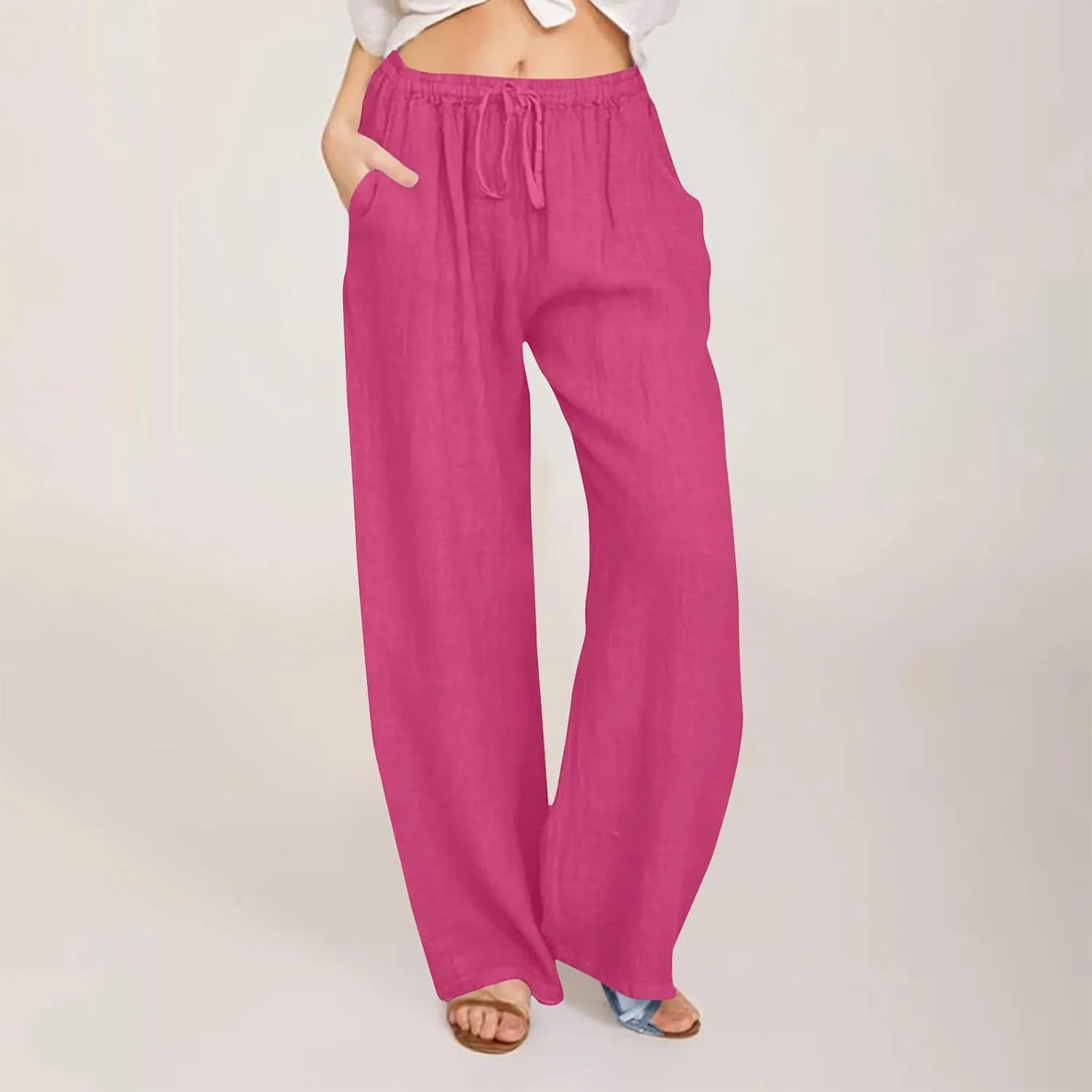 Women's Linen Palazzo Pants 2025 Summer Casual Drawstring High Waist Wide Leg Pants Flowy Beach Trousers Outfits