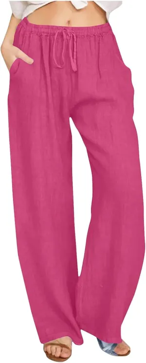 Women's Linen Palazzo Pants 2025 Summer Casual Drawstring High Waist Wide Leg Pants Flowy Beach Trousers Outfits