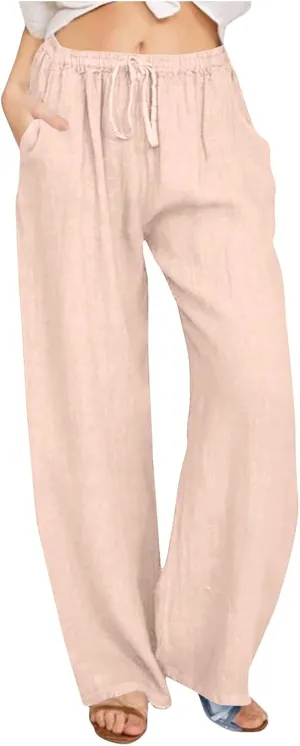 Women's Linen Palazzo Pants 2025 Summer Casual Drawstring High Waist Wide Leg Pants Flowy Beach Trousers Outfits