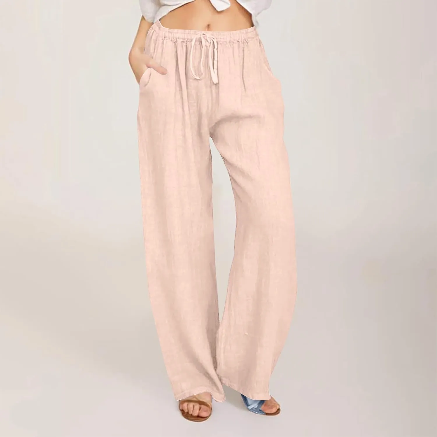 Women's Linen Palazzo Pants 2025 Summer Casual Drawstring High Waist Wide Leg Pants Flowy Beach Trousers Outfits