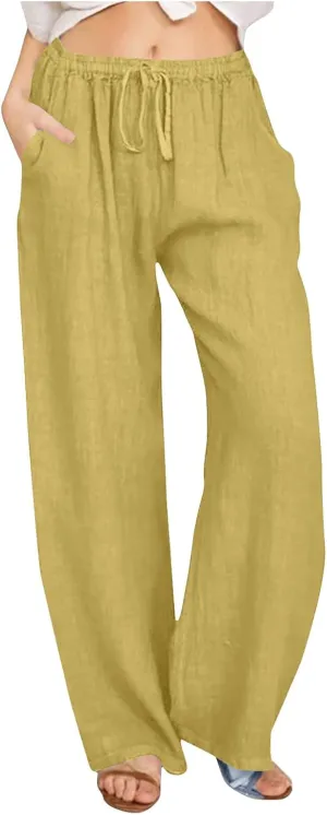 Women's Linen Palazzo Pants 2025 Summer Casual Drawstring High Waist Wide Leg Pants Flowy Beach Trousers Outfits