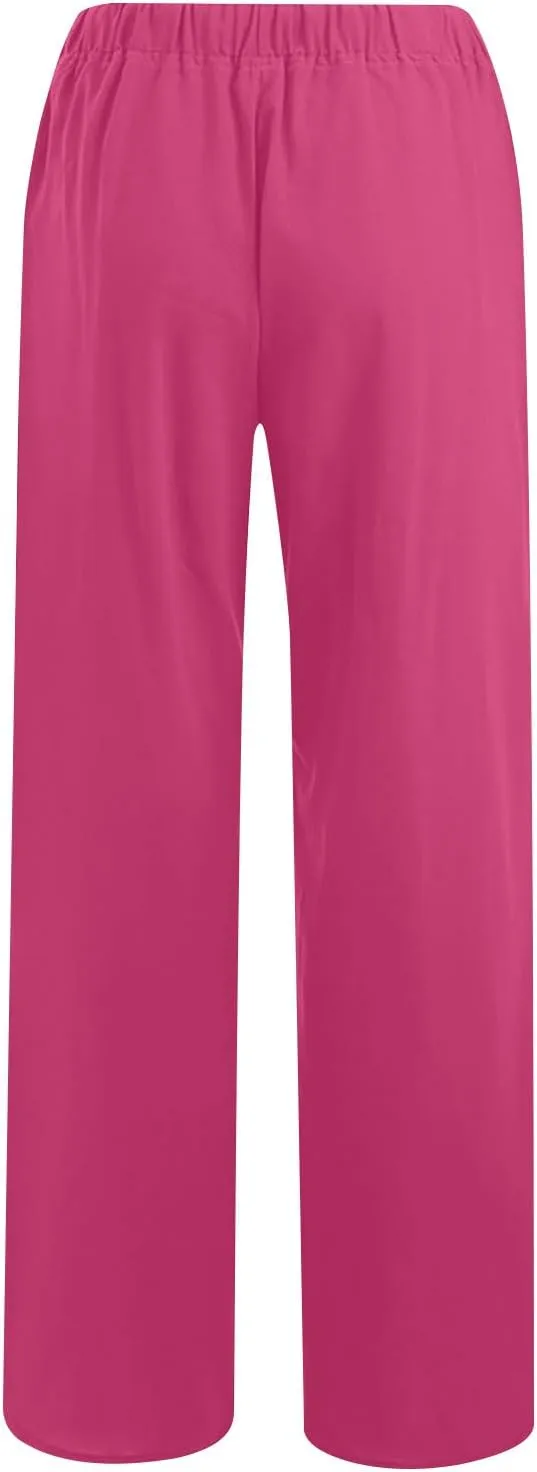 Women's Linen Palazzo Pants 2025 Summer Casual Drawstring High Waist Wide Leg Pants Flowy Beach Trousers Outfits