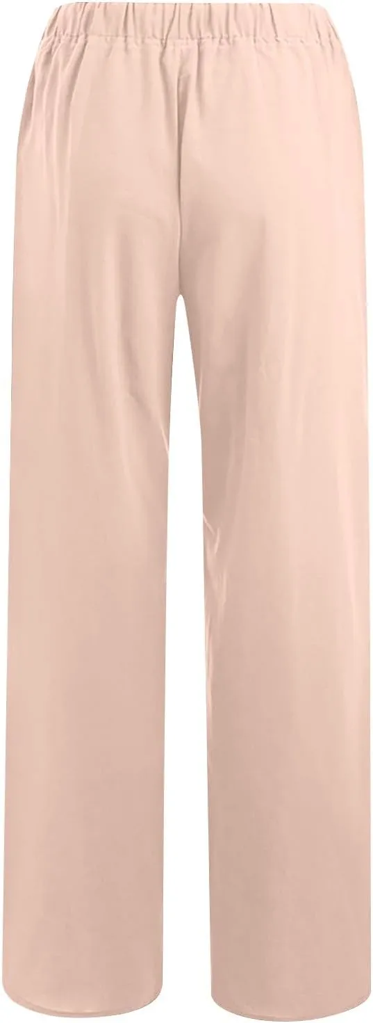 Women's Linen Palazzo Pants 2025 Summer Casual Drawstring High Waist Wide Leg Pants Flowy Beach Trousers Outfits