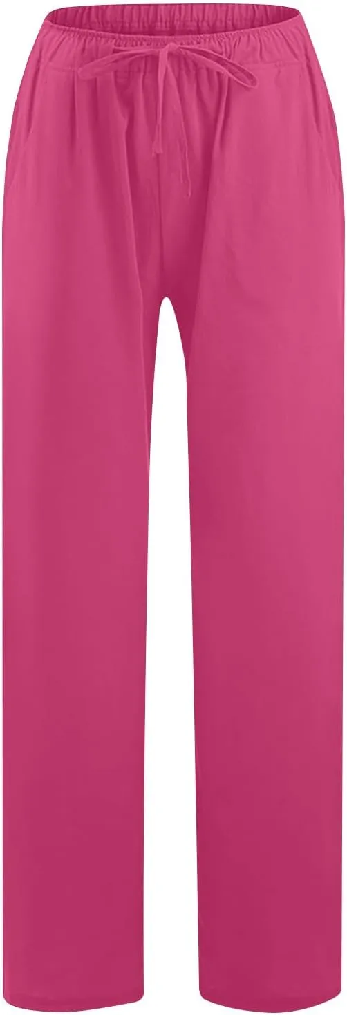 Women's Linen Palazzo Pants 2025 Summer Casual Drawstring High Waist Wide Leg Pants Flowy Beach Trousers Outfits