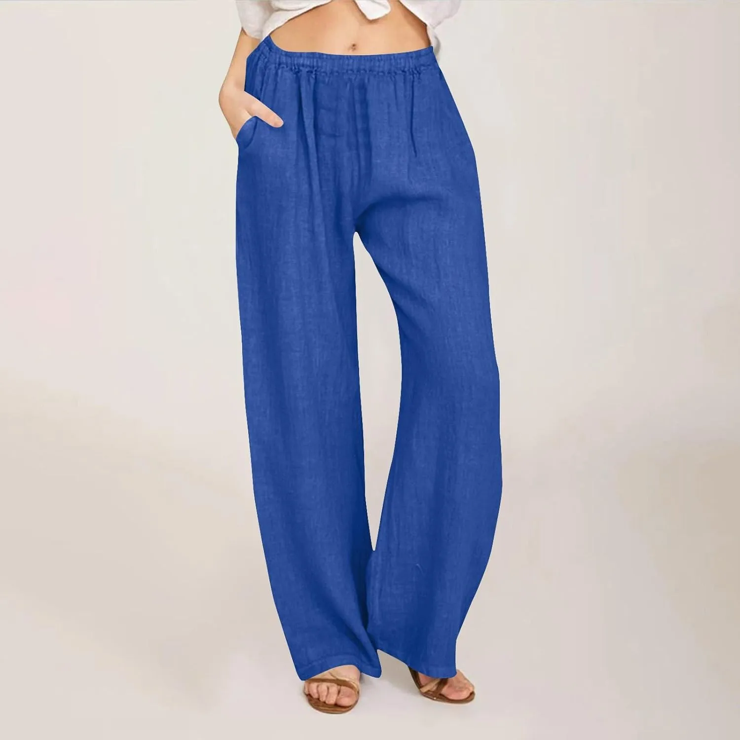Women's Linen Palazzo Pants Plus Size Elastic High Waist Casual Beach Pant Flowy Summer Trendy Lightweight Trousers