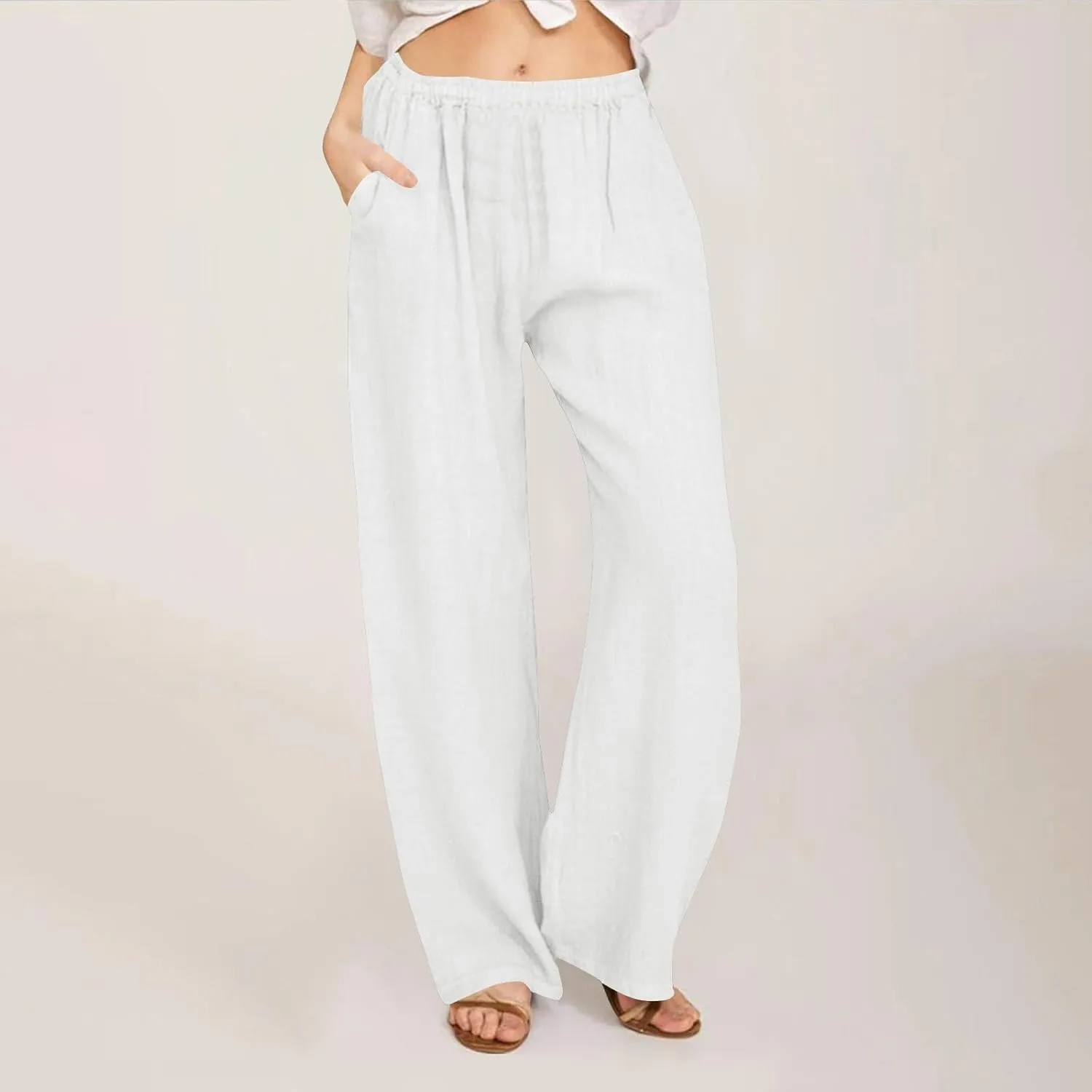 Women's Linen Palazzo Pants Plus Size Elastic High Waist Casual Beach Pant Flowy Summer Trendy Lightweight Trousers