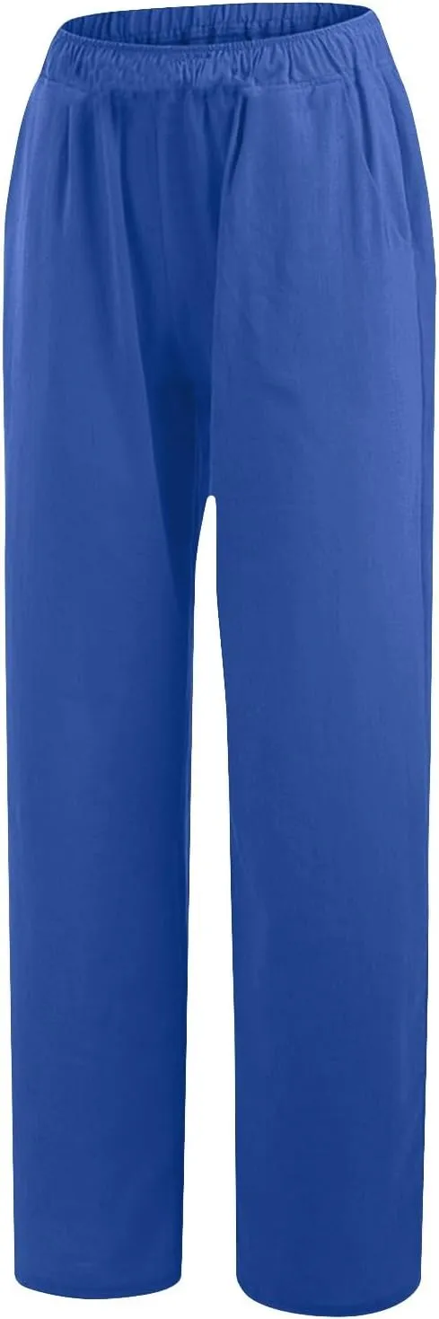 Women's Linen Palazzo Pants Plus Size Elastic High Waist Casual Beach Pant Flowy Summer Trendy Lightweight Trousers
