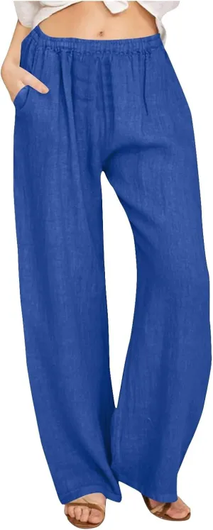 Women's Linen Palazzo Pants Plus Size Elastic High Waist Casual Beach Pant Flowy Summer Trendy Lightweight Trousers