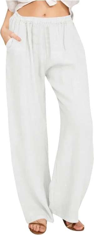 Women's Linen Palazzo Pants Plus Size Elastic High Waist Casual Beach Pant Flowy Summer Trendy Lightweight Trousers