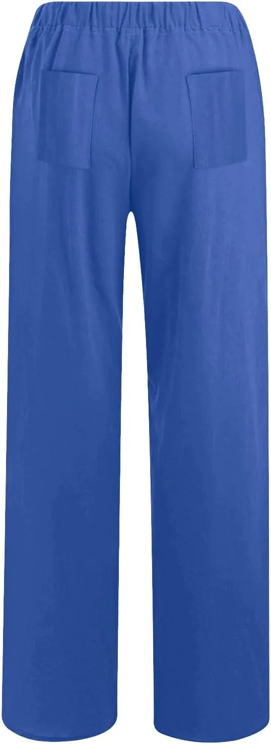 Women's Linen Palazzo Pants Plus Size Elastic High Waist Casual Beach Pant Flowy Summer Trendy Lightweight Trousers