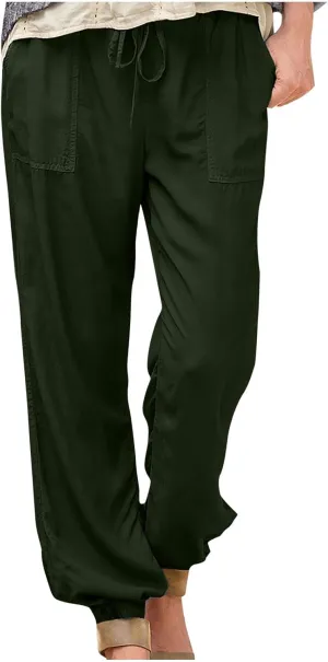 Womens Linen Pants 2025 Summer Casual Drawstring High Waist Loose Lounge Trousers Beach Summer Pant with Pockets