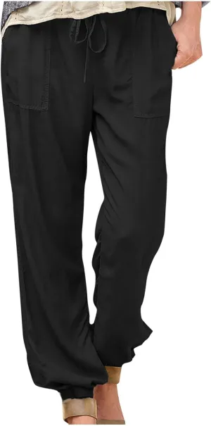 Womens Linen Pants 2025 Summer Casual Drawstring High Waist Loose Lounge Trousers Beach Summer Pant with Pockets