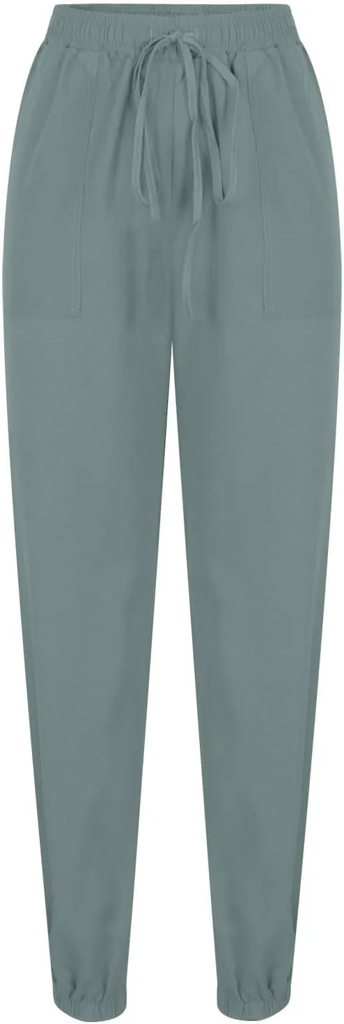Womens Linen Pants 2025 Summer Casual Drawstring High Waist Loose Lounge Trousers Beach Summer Pant with Pockets