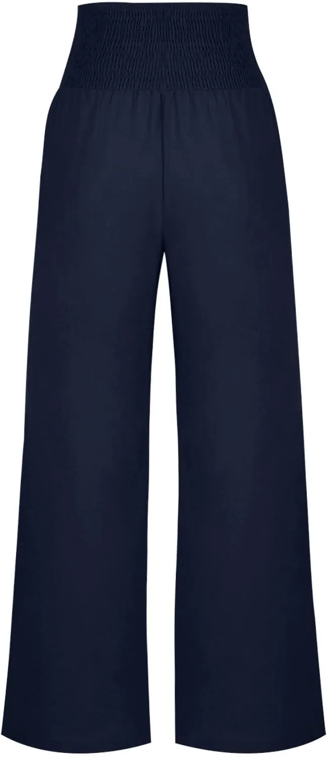 Women's Linen Summer Palazzo Pants Flowy High Waisted Wide Leg Beach Pants Casual Loose Fit Pocketed Paperbag Trouser