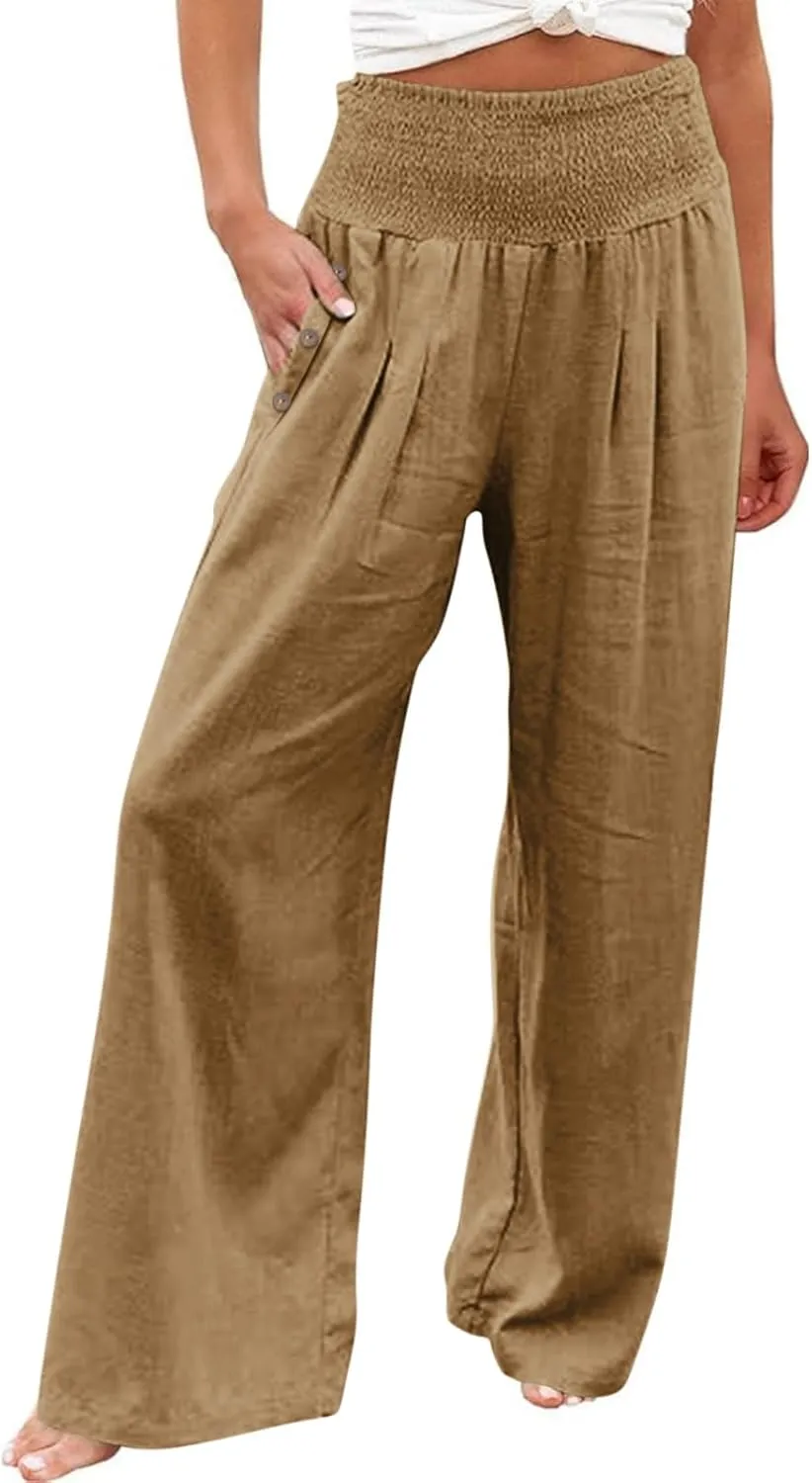 Women's Linen Summer Palazzo Pants Flowy High Waisted Wide Leg Beach Pants Casual Loose Fit Pocketed Paperbag Trouser