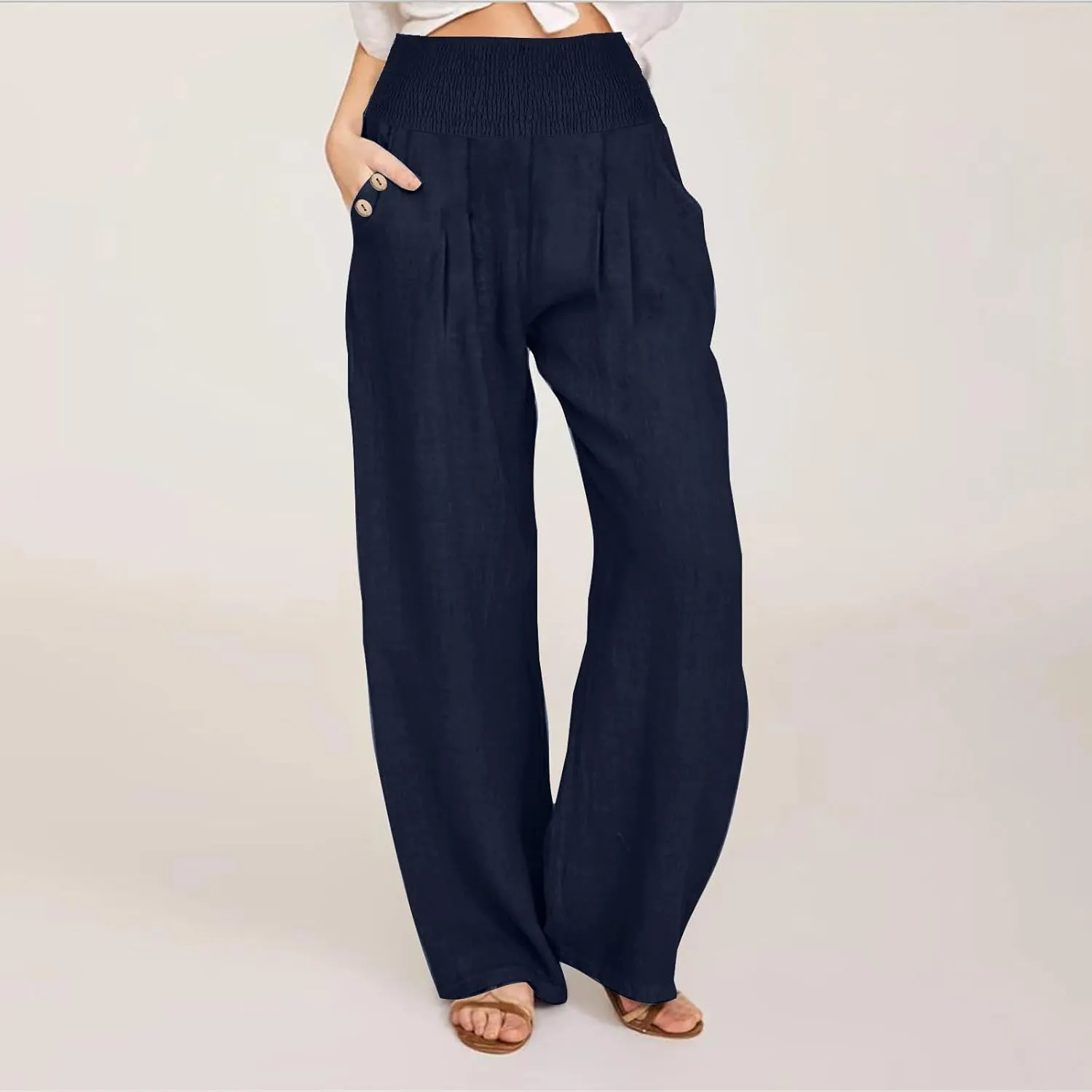 Women's Linen Summer Palazzo Pants Flowy High Waisted Wide Leg Beach Pants Casual Loose Fit Pocketed Paperbag Trouser