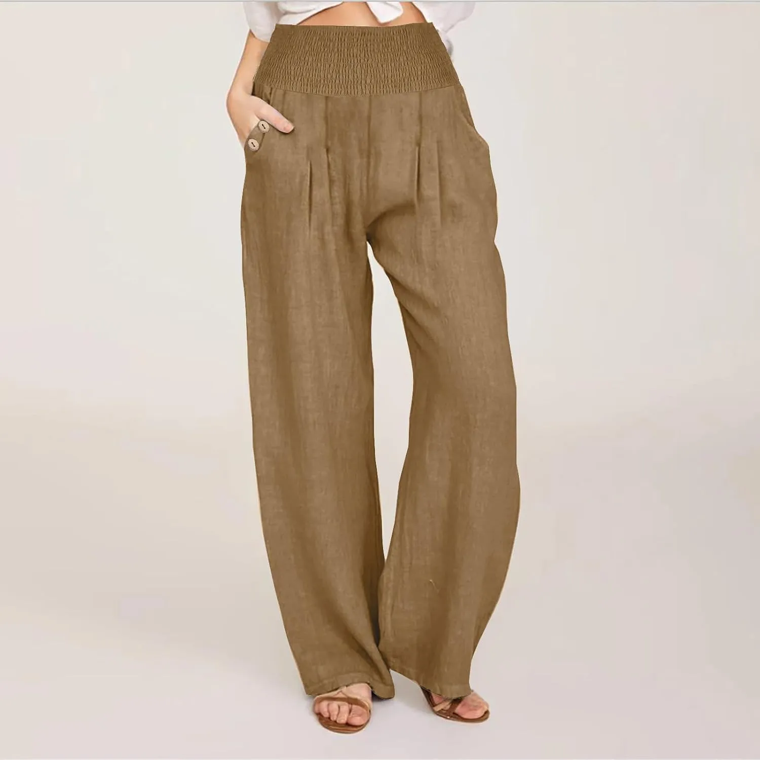 Women's Linen Summer Palazzo Pants Flowy High Waisted Wide Leg Beach Pants Casual Loose Fit Pocketed Paperbag Trouser