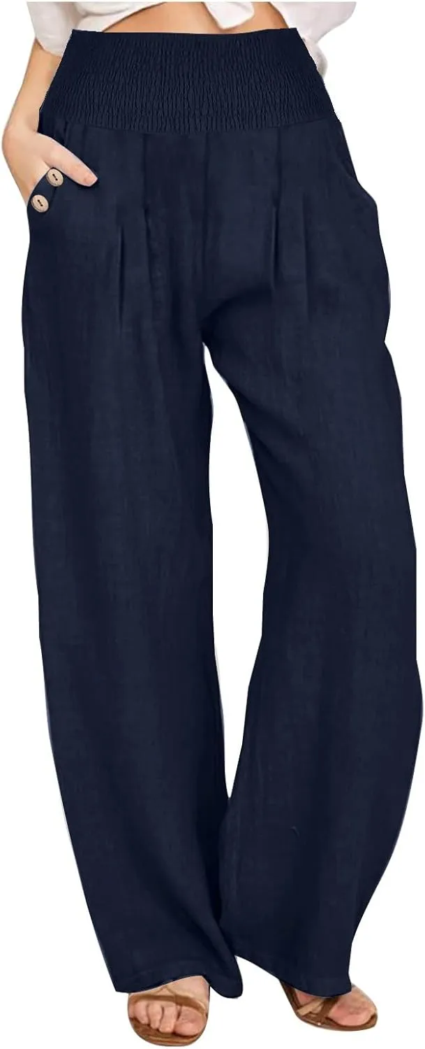 Women's Linen Summer Palazzo Pants Flowy High Waisted Wide Leg Beach Pants Casual Loose Fit Pocketed Paperbag Trouser
