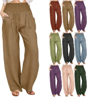 Women's Linen Summer Palazzo Pants Flowy High Waisted Wide Leg Beach Pants Casual Loose Fit Pocketed Paperbag Trouser