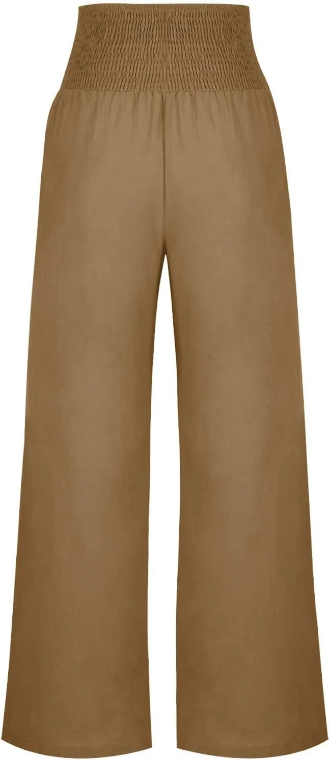 Women's Linen Summer Palazzo Pants Flowy High Waisted Wide Leg Beach Pants Casual Loose Fit Pocketed Paperbag Trouser