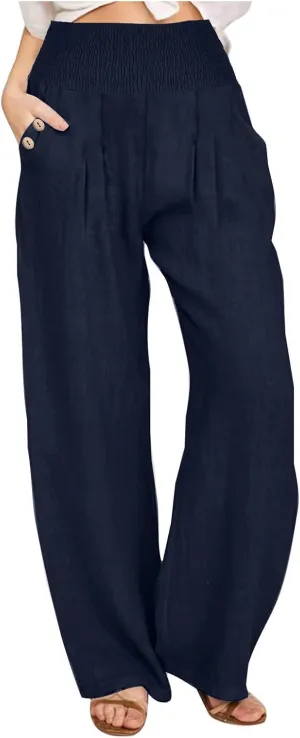Women's Linen Summer Palazzo Pants Flowy High Waisted Wide Leg Beach Pants Casual Loose Fit Pocketed Paperbag Trouser