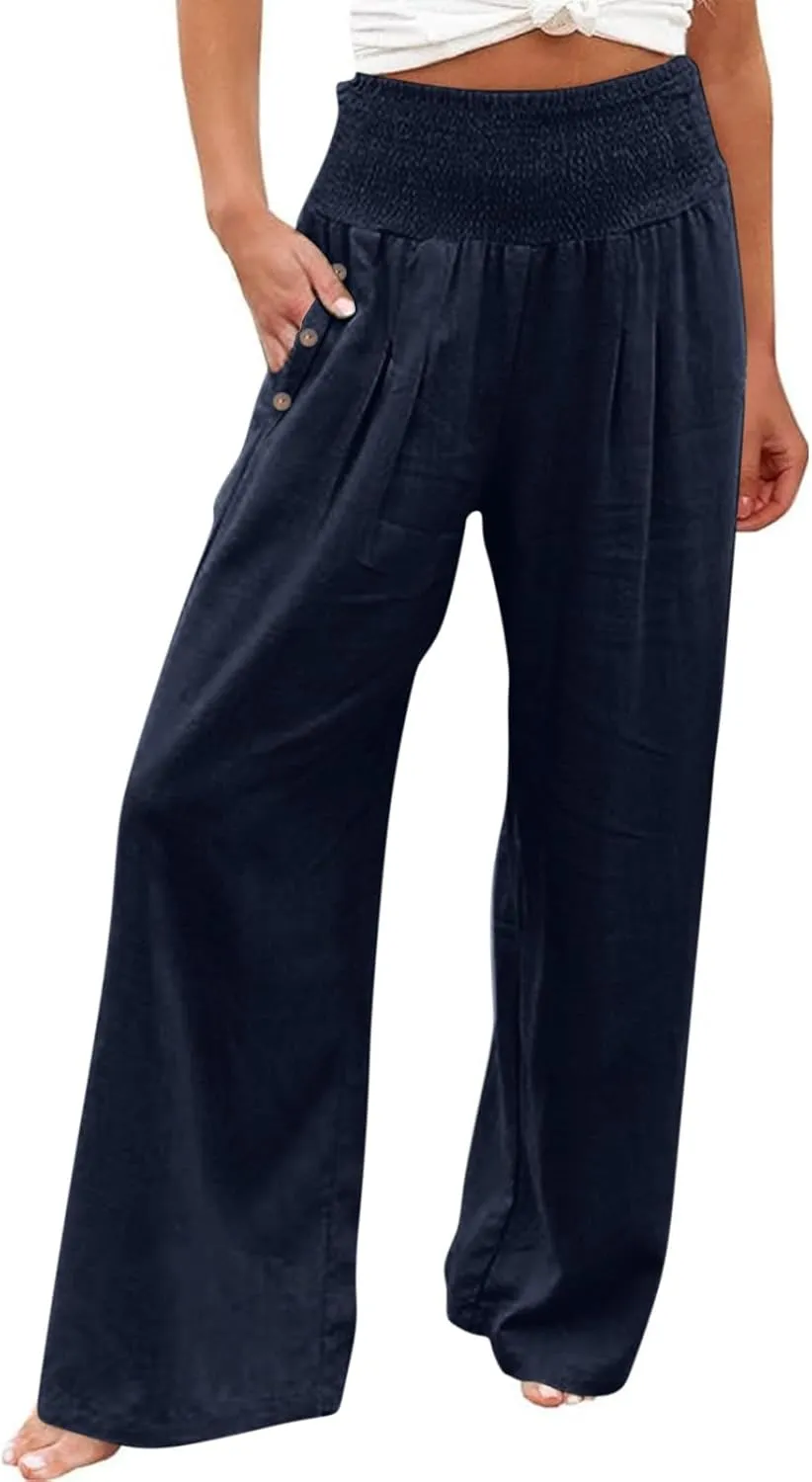 Women's Linen Summer Palazzo Pants Flowy High Waisted Wide Leg Beach Pants Casual Loose Fit Pocketed Paperbag Trouser