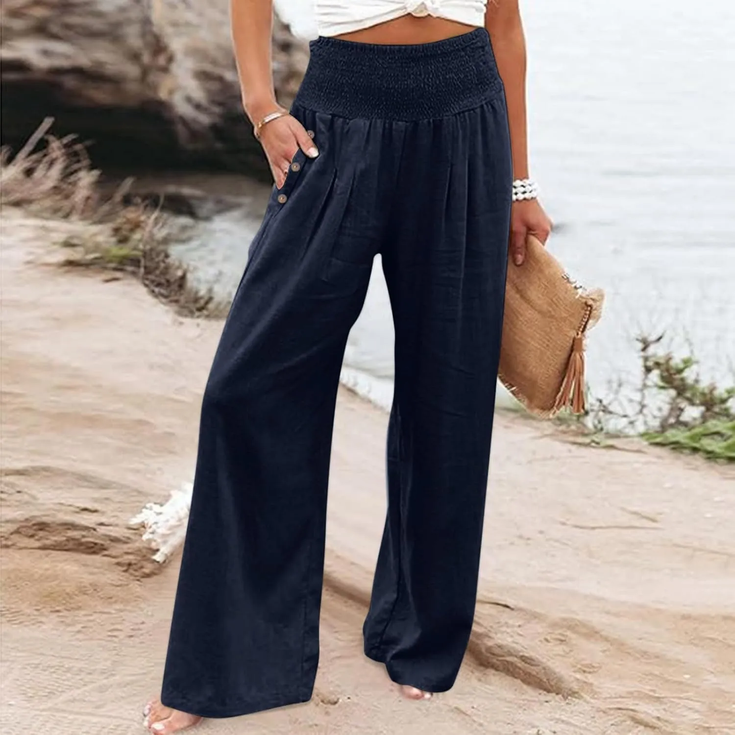 Women's Linen Summer Palazzo Pants Flowy High Waisted Wide Leg Beach Pants Casual Loose Fit Pocketed Paperbag Trouser