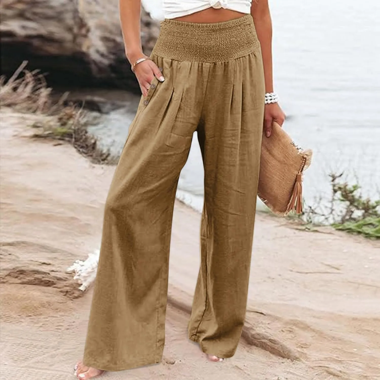 Women's Linen Summer Palazzo Pants Flowy High Waisted Wide Leg Beach Pants Casual Loose Fit Pocketed Paperbag Trouser