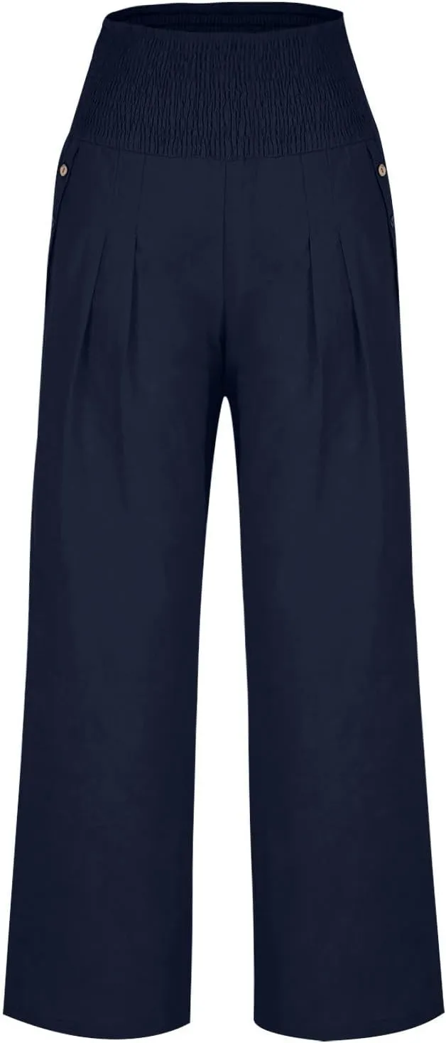 Women's Linen Summer Palazzo Pants Flowy High Waisted Wide Leg Beach Pants Casual Loose Fit Pocketed Paperbag Trouser