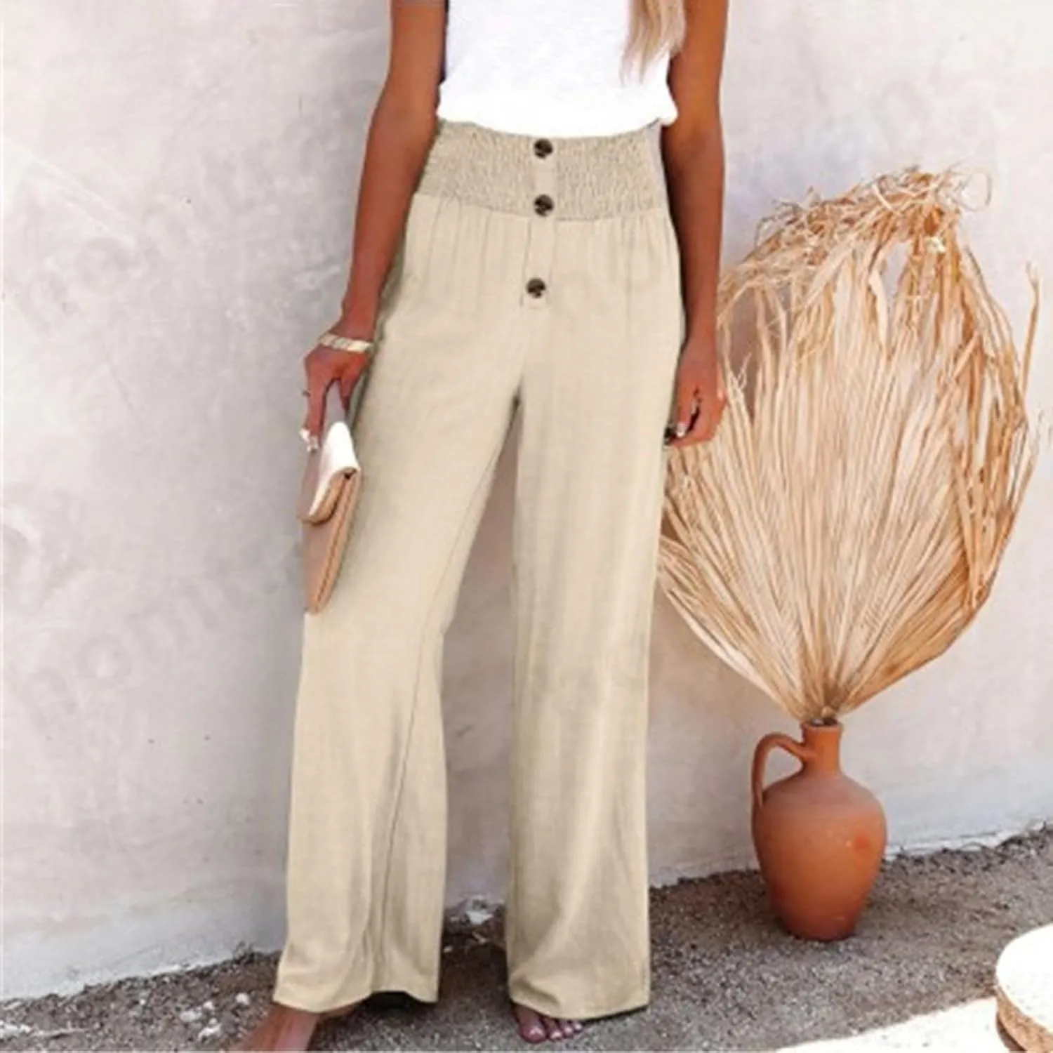 Women's Linen Summer Palazzo Pants Lounge Loose Paperbag Waist Trousers Solid Comfy Pants Summer Outfits 2025 Trendy