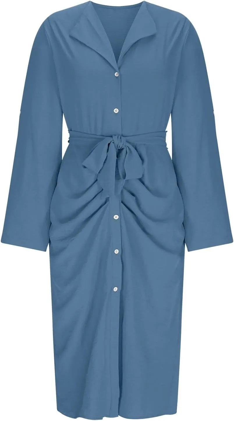 Women's Long Sleeve Button Up Shirt Dress 2025 Elegant Fitted Lapel Office Dress Casual Loose Tie Waist Midi Dresses
