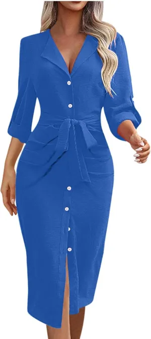 Women's Long Sleeve Button Up Shirt Dress 2025 Elegant Fitted Lapel Office Dress Casual Loose Tie Waist Midi Dresses