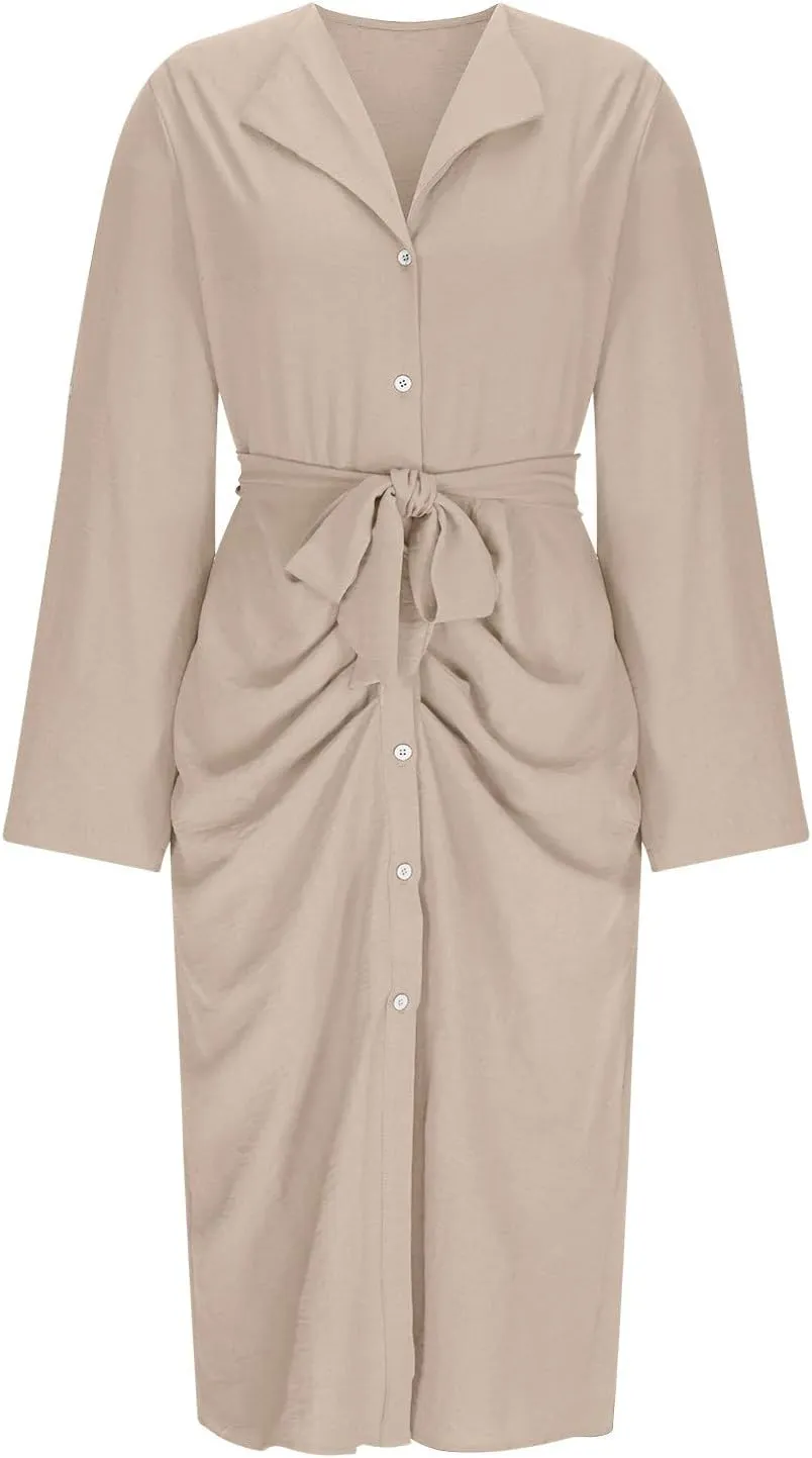 Women's Long Sleeve Button Up Shirt Dress 2025 Elegant Fitted Lapel Office Dress Casual Loose Tie Waist Midi Dresses