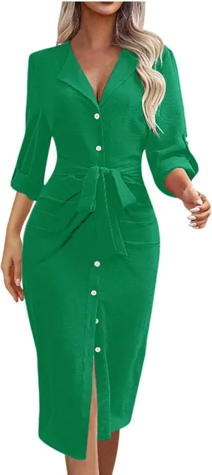 Women's Long Sleeve Button Up Shirt Dress 2025 Elegant Fitted Lapel Office Dress Casual Loose Tie Waist Midi Dresses
