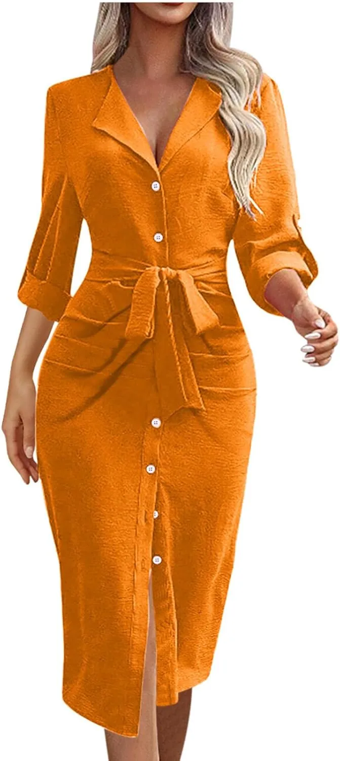 Women's Long Sleeve Button Up Shirt Dress 2025 Elegant Fitted Lapel Office Dress Casual Loose Tie Waist Midi Dresses