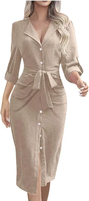 Women's Long Sleeve Button Up Shirt Dress 2025 Elegant Fitted Lapel Office Dress Casual Loose Tie Waist Midi Dresses