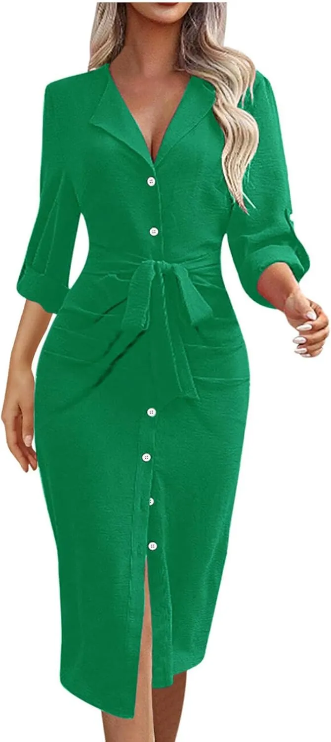 Women's Long Sleeve Button Up Shirt Dress 2025 Elegant Fitted Lapel Office Dress Casual Loose Tie Waist Midi Dresses