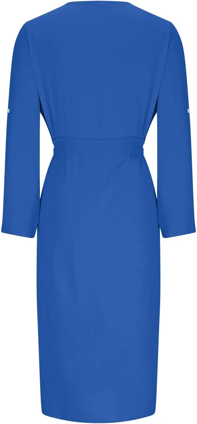 Women's Long Sleeve Button Up Shirt Dress 2025 Elegant Fitted Lapel Office Dress Casual Loose Tie Waist Midi Dresses