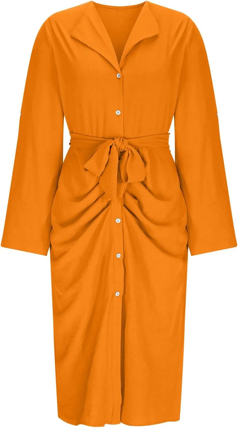 Women's Long Sleeve Button Up Shirt Dress 2025 Elegant Fitted Lapel Office Dress Casual Loose Tie Waist Midi Dresses