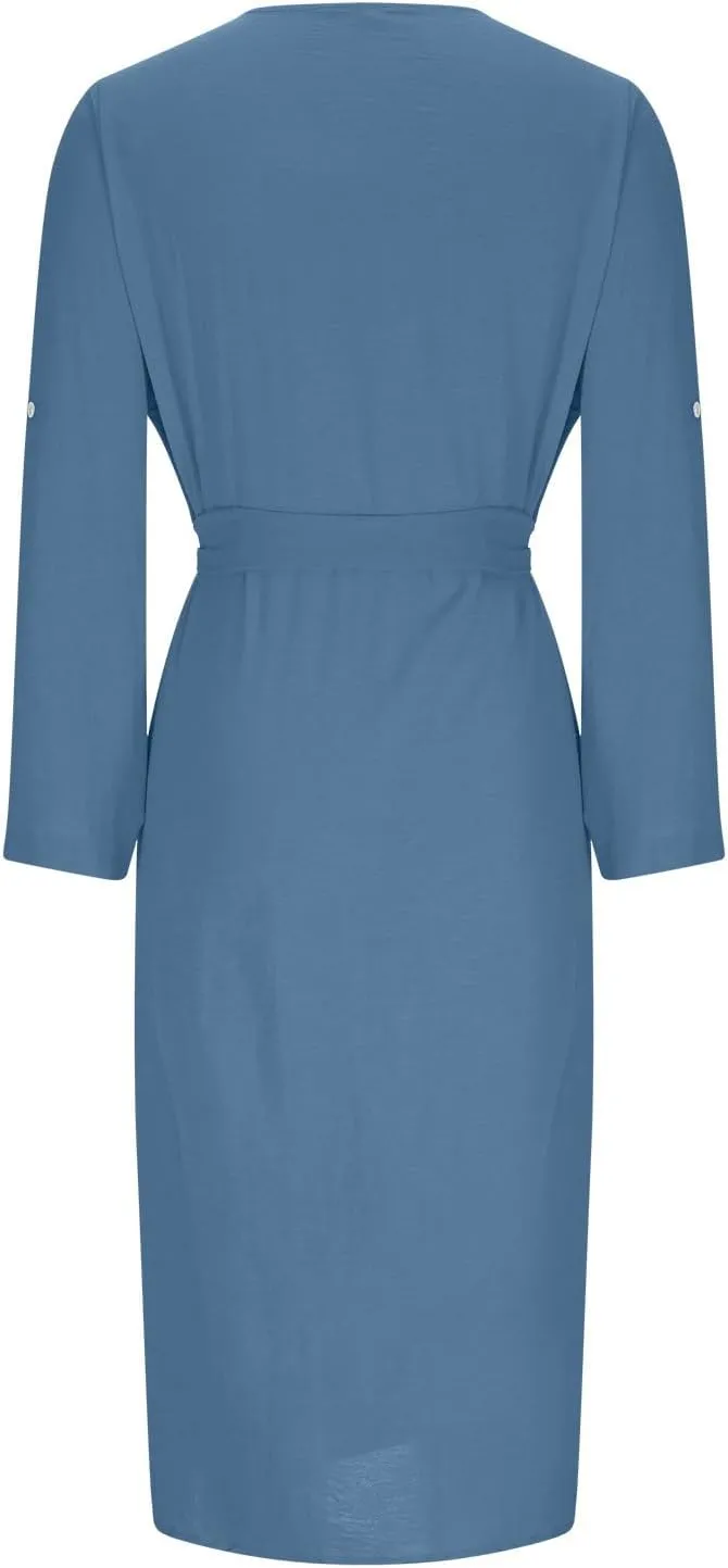 Women's Long Sleeve Button Up Shirt Dress 2025 Elegant Fitted Lapel Office Dress Casual Loose Tie Waist Midi Dresses