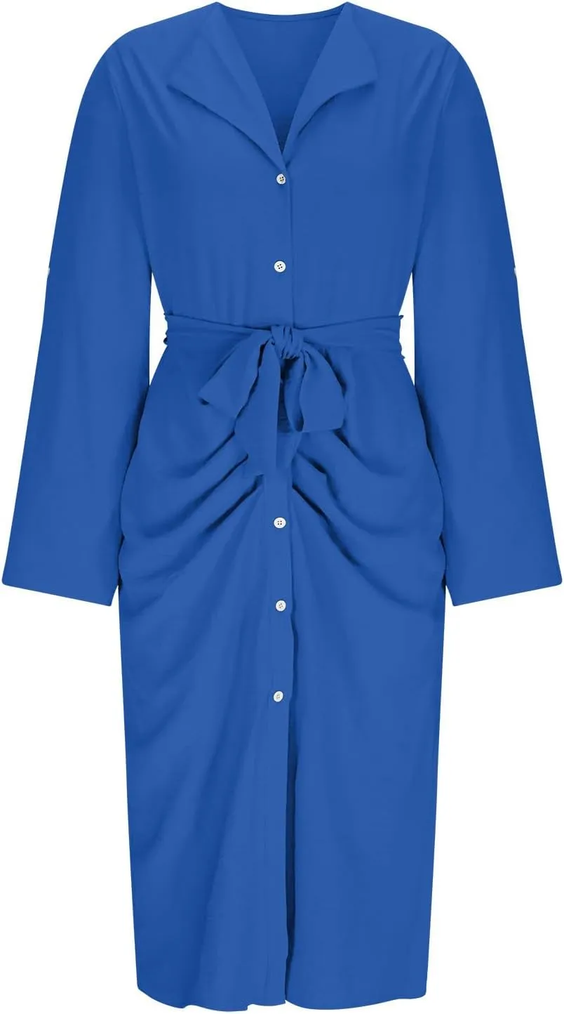 Women's Long Sleeve Button Up Shirt Dress 2025 Elegant Fitted Lapel Office Dress Casual Loose Tie Waist Midi Dresses