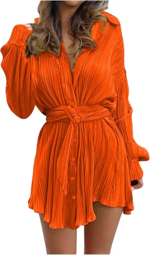 Womens Long Sleeve Dresses Plus Size Button Down Belted mini Dresses Lapel Casual Ruched Shirt Dresses Fall Fashion