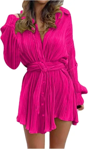 Womens Long Sleeve Dresses Plus Size Button Down Belted mini Dresses Lapel Casual Ruched Shirt Dresses Fall Fashion