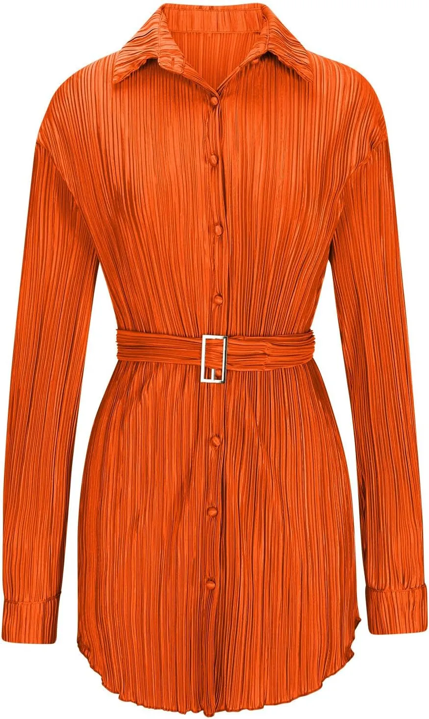 Womens Long Sleeve Dresses Plus Size Button Down Belted mini Dresses Lapel Casual Ruched Shirt Dresses Fall Fashion
