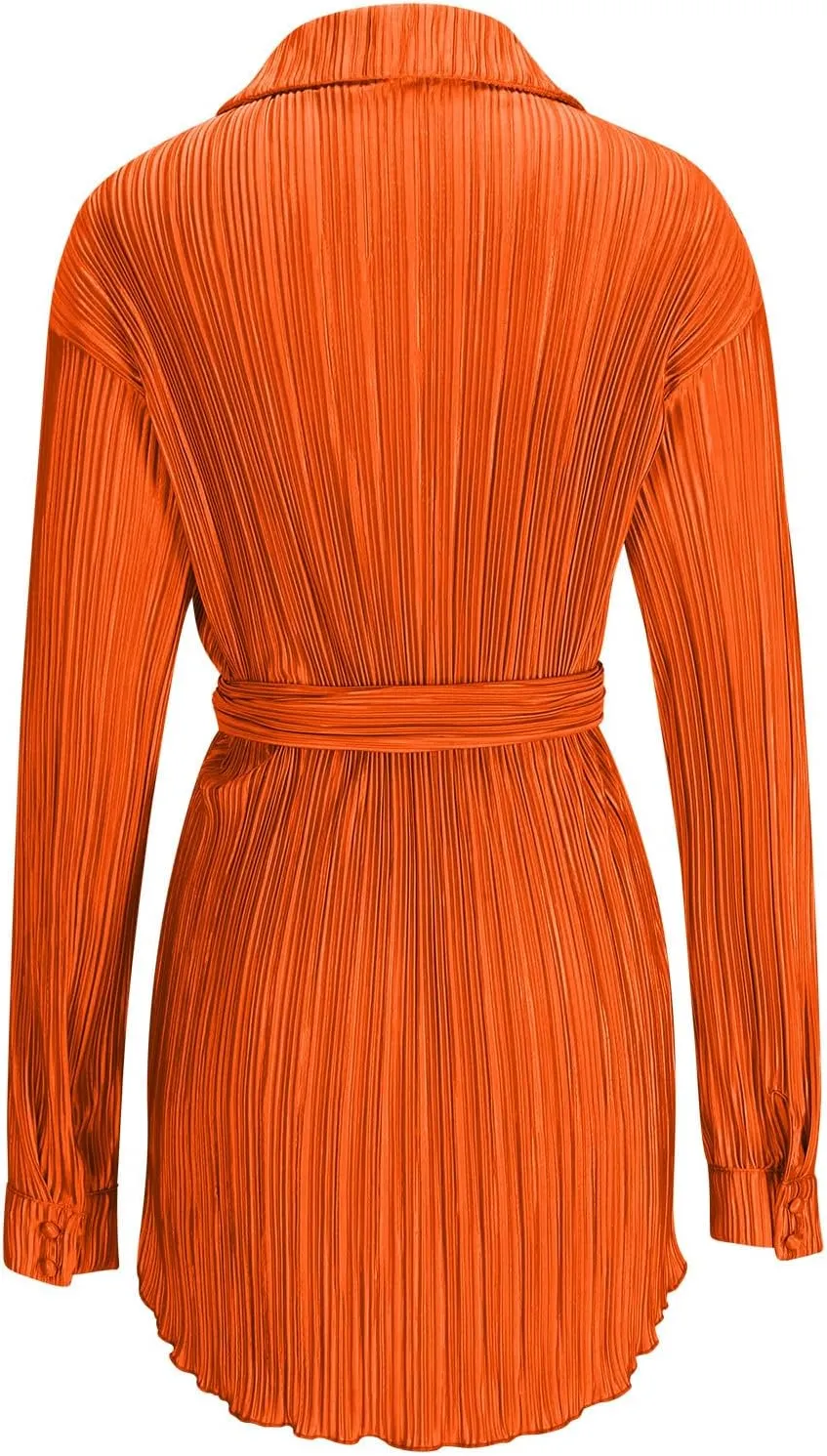 Womens Long Sleeve Dresses Plus Size Button Down Belted mini Dresses Lapel Casual Ruched Shirt Dresses Fall Fashion