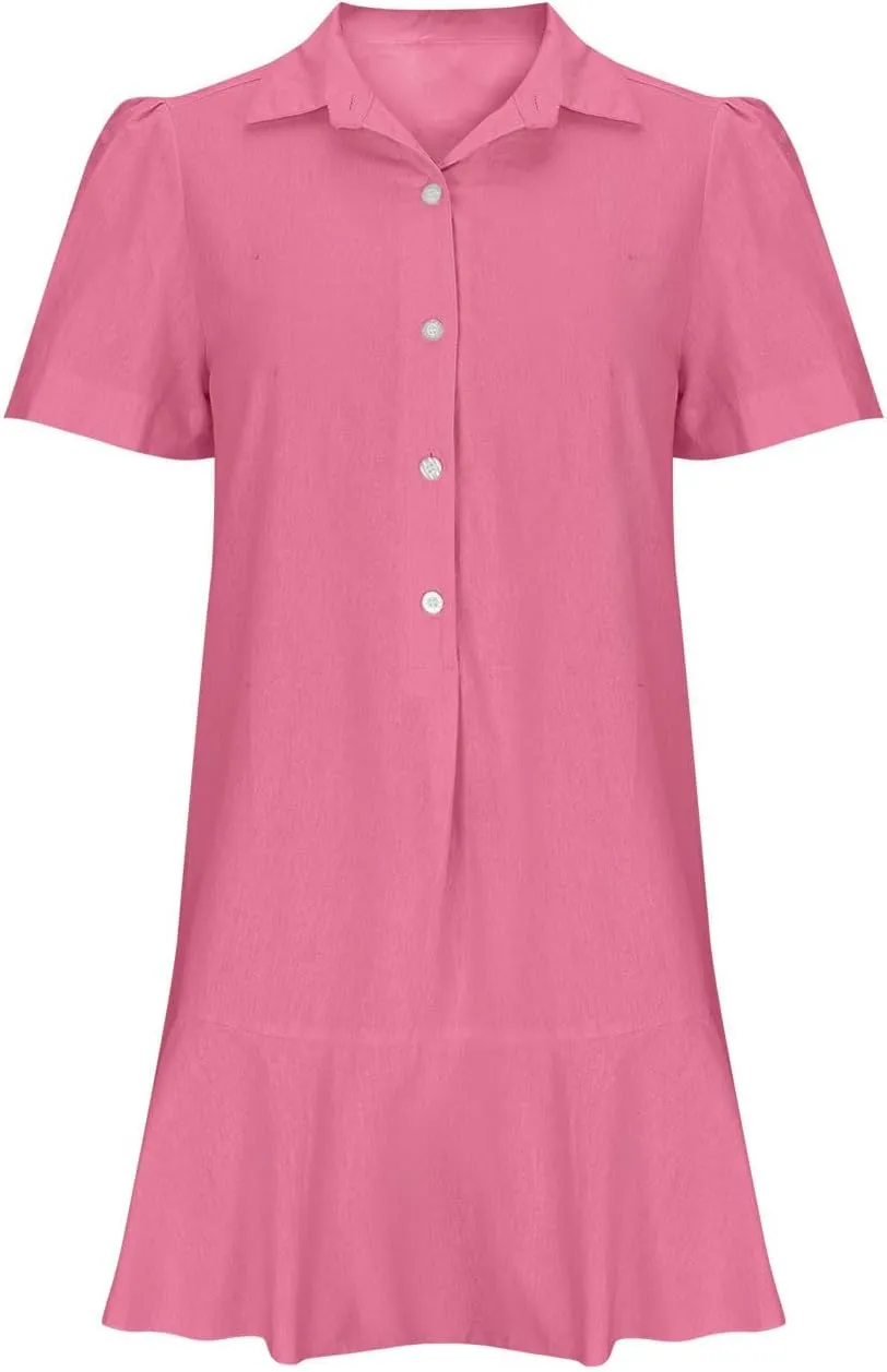 Womens Mini Dress Short Sleeve Button Neck T-Shirts Dress Solid Color Ruffle Hem Flowy Casual Trendy Summer Dress