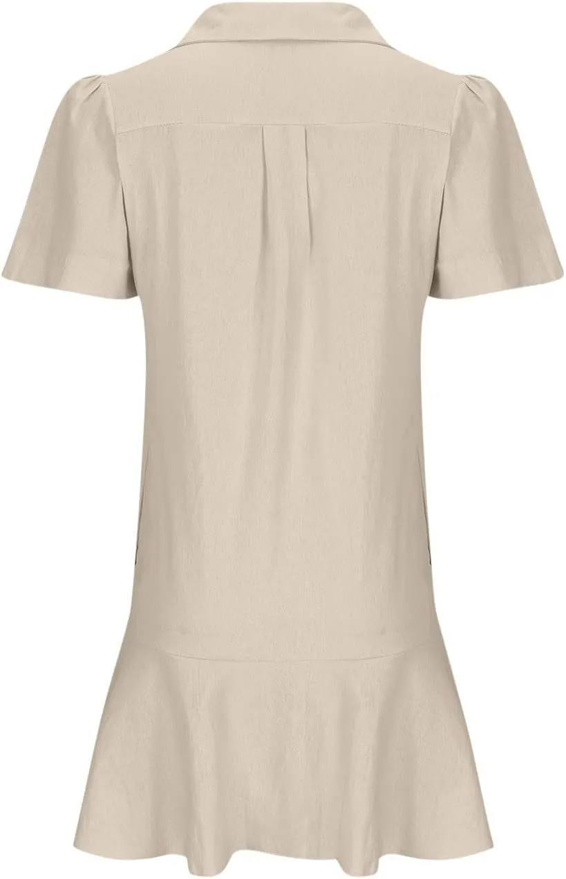 Womens Mini Dress Short Sleeve Button Neck T-Shirts Dress Solid Color Ruffle Hem Flowy Casual Trendy Summer Dress