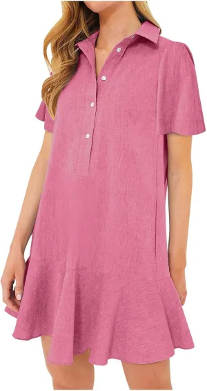 Womens Mini Dress Short Sleeve Button Neck T-Shirts Dress Solid Color Ruffle Hem Flowy Casual Trendy Summer Dress