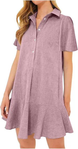 Womens Mini Dress Short Sleeve Button Neck T-Shirts Dress Solid Color Ruffle Hem Flowy Casual Trendy Summer Dress