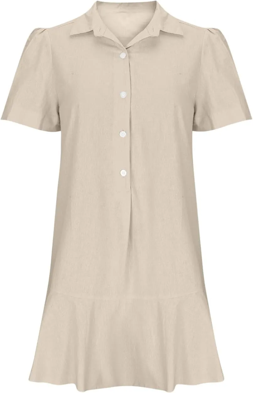 Womens Mini Dress Short Sleeve Button Neck T-Shirts Dress Solid Color Ruffle Hem Flowy Casual Trendy Summer Dress